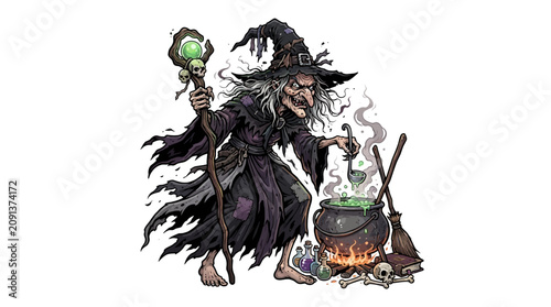 Schilderij op canvas Scary old witch vector illustration with magic staff and cauldron, creepy hallow