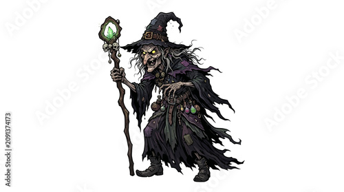 Fotografía Scary old witch vector illustration with magic staff and cauldron, creepy hallow