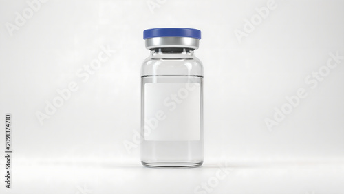 Medical glass vial with blue cap isolated on white background