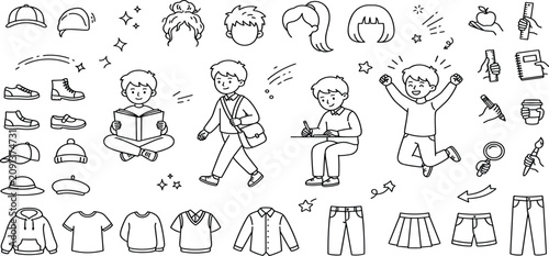 Fotografía School kids and student uniform icon set with children clothes fashion and educa