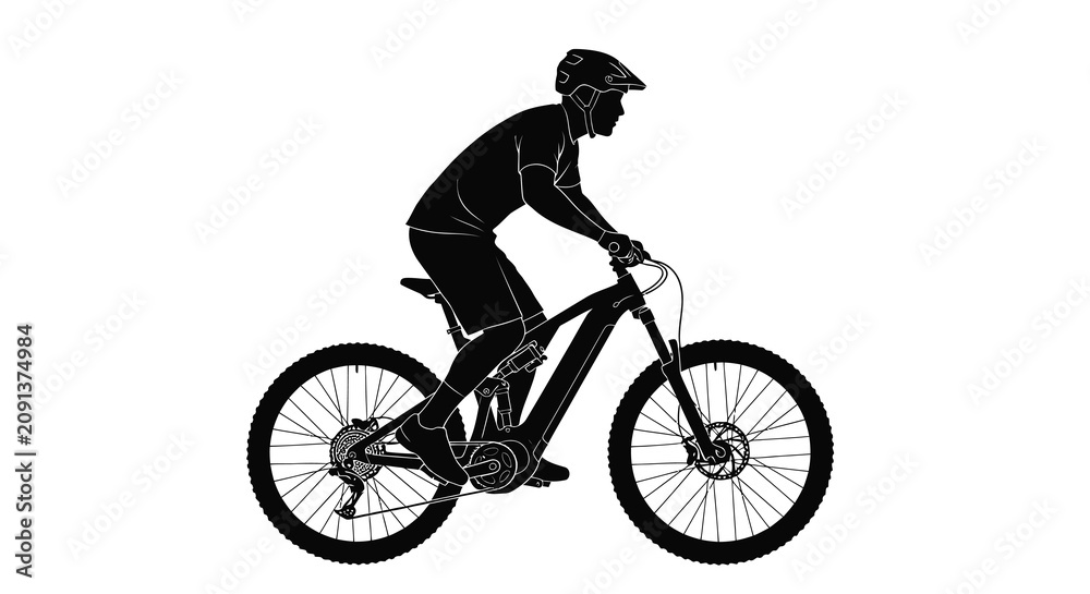 Fototapeta premium Cyclist riding a mountain bike depicted as a black silhouette against a white background silhouette biker rider bike bicycle cycling