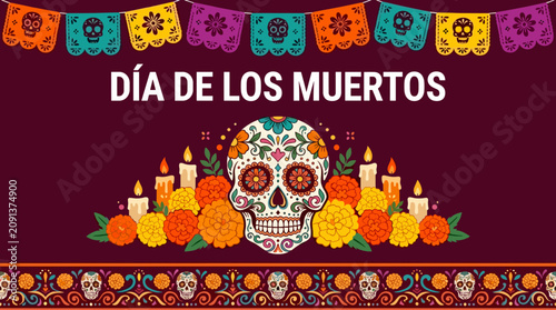 Dia de los Muertos banner with sugar skull marigold flowers candles and papel picado