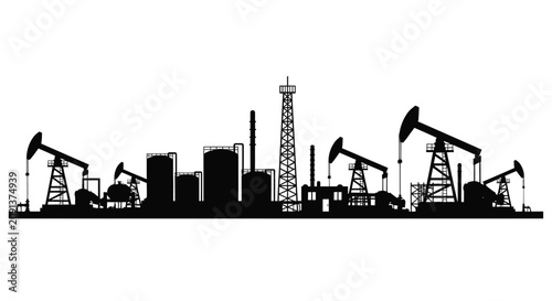 Bild auf Leinwand Oil refinery and pumping jacks landscape in black silhouette against a white bac