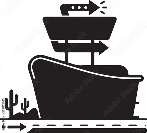 Black retro roadside diner icon with a neon sign tower and cactus for American road trip and travel concept