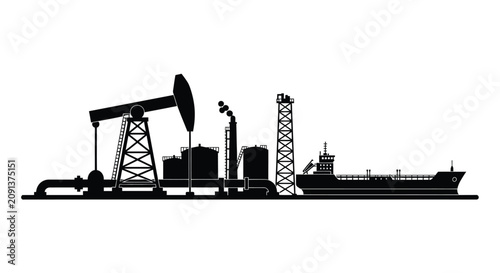 Fotografie Oil refinery complex with tanker ship and pumpjack depicted as a black silhouett