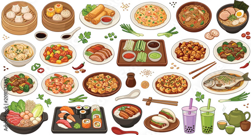 Foto Asian and Chinese food vector illustration set featuring dim sum sushi ramen spr