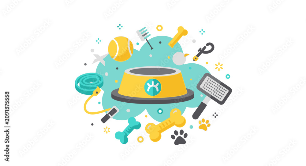 Naklejka premium Pet Shop Supplies Illustration with Food Bowl, Toys, and Grooming Accessories for Dogs and Cats