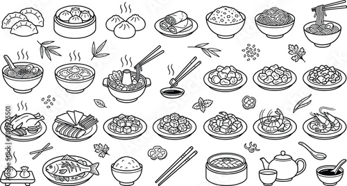 Quadro su tela Chinese food vector line icon set featuring dim sum dumplings noodles fried rice