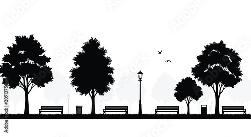 Photos Park scene with trees benches and a lamppost depicted as a black silhouette tree