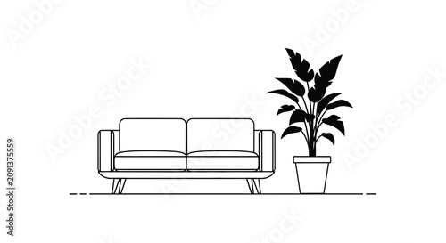 Bild auf Leinwand Sofa and potted plant depiction in a minimalist black silhouette couch settee di