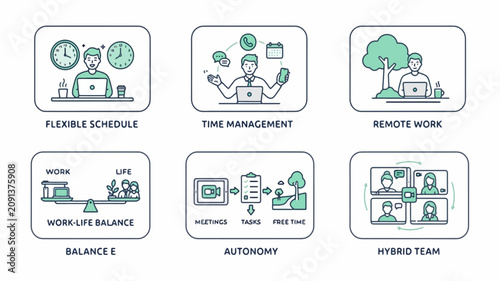 Flexible Work Schedule Time Management Vector Graphic Set