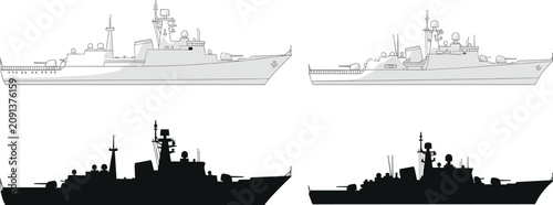 Принти на полотні Four different military naval warship silhouettes featuring detailed side views of heavy armed patrol vessels