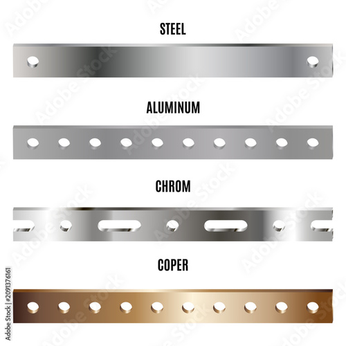 Vector set of metallic mounting strips with holes and slots. Steel, aluminum, chrome and copper fastening bars isolated on white background. Part one