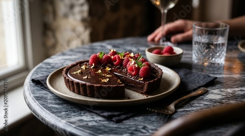 Luxury Chocolate Tart Decorated with Fresh Raspberries and Gold Leaf, Gourmet Dessert Fine Dining Photography on Marble Table
