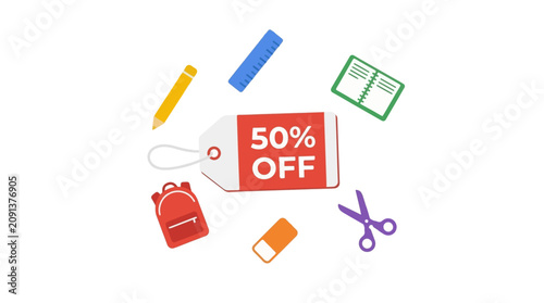 Discount Tag with School Supplies 50% Off Ilustração Vetorial