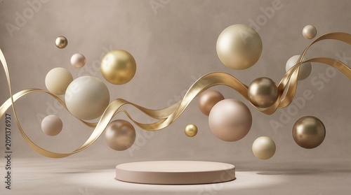 Abstract 3D Podium for Product Display with Floating Spheres and Flowing Golden Ribbon, Elegant Minimalist Beige Background Mockup