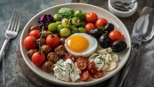 Fresh Vegetables and Egg Served on a Plate for Breakfast in a Cozy Kitchen Se...