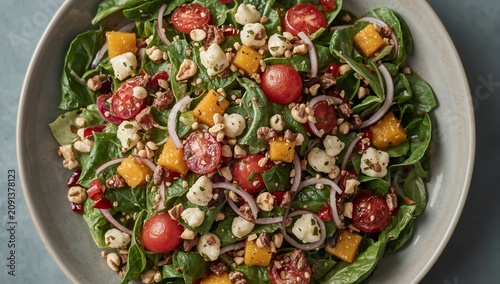 Colorful Salad With Mixed Greens, Fruit, and Nuts in a Large Bowl at a Kitche...