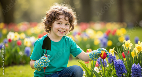 Young boy gardening and smiling while kneeling in colorful flower garden  
