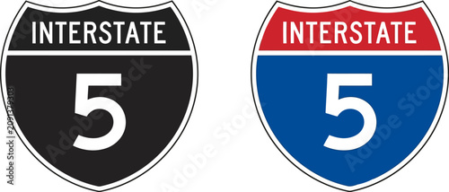 Interstate 5 highway sign, black and white and standard red, white and blue versions