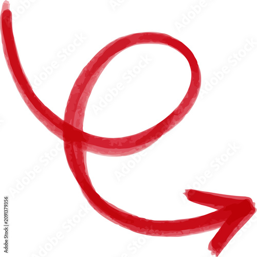 Handdrawn red arrow with a loop isolated on white background