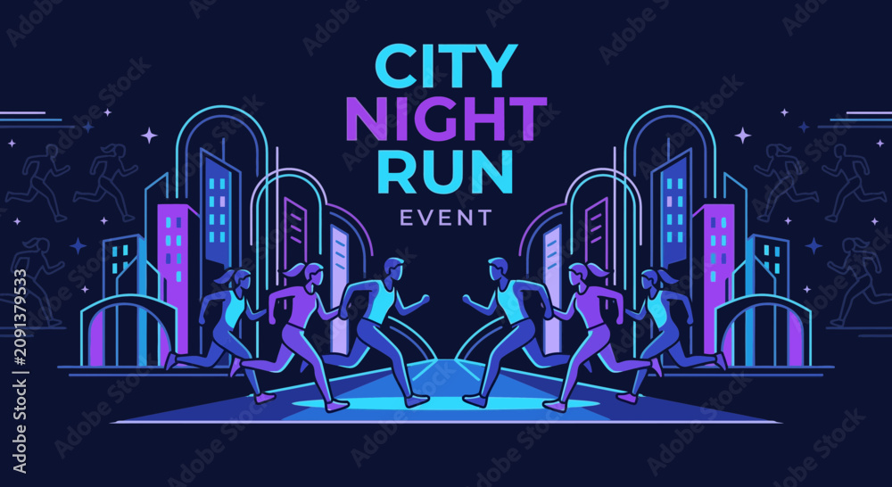 Obraz premium City Night Run Event With Neon Urban Skylines And Running Silhouettes