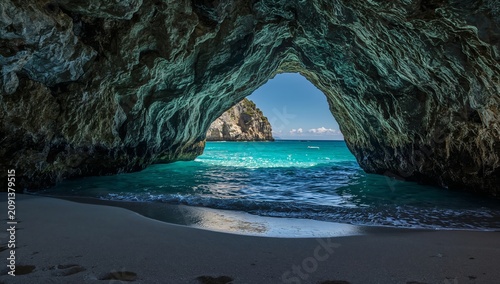 Beautiful Cave by the Sea With Clear Water and Sunny Sky in Summer