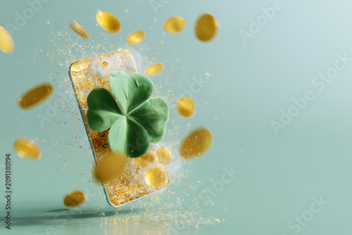 A golden smartphone with a green clover on screen is floating in the air surrounded by flying golden coins and glittering dust, symbolizing luck and fortune.