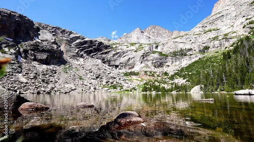 wide shot of Black Lake in Rocky Mountain National Park on a clear blue sky day