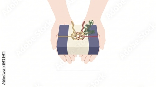 hands holding traditional japanese gift box tied with mizuhiki knot and pine sprig. blue and white wrapping paper over light background. new year holiday present. banner, website header with copyspace