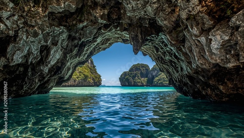 View Through Rock Formation at Beach With Clear Water on Sunny Day in Tropica...