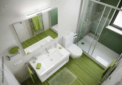 Modern bathroom interior with green floor and shower