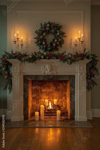 Warm Fireplace With Candles and Holiday Decorations During Winter Evening