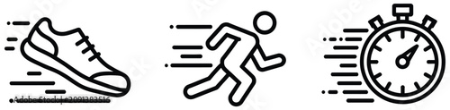 Tableau sur toile Running shoe black line icons depicting sprinting person and stopwatch for fitne