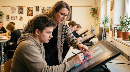 Student using digital drawing tablet with teacher in studio.