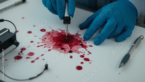 Investigators Analyze a Blood Sample on a White Surface in a Laboratory Setting