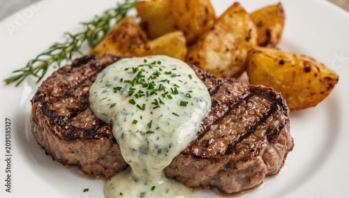 Grilled Steak With Sauce and Roasted Potatoes Served on a White Plate