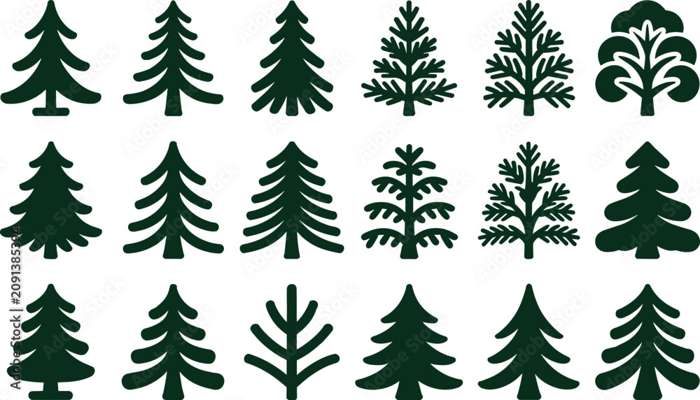 Obraz premium Set of various coniferous and deciduous tree silhouettes isolated on white background