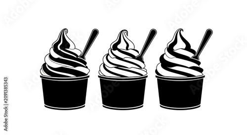 Three soft serve ice cream cups with spoons black and white silhouette icecream dessert frozen