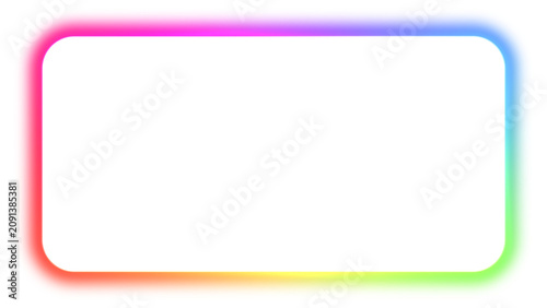 Abstract gradient neon rectangle frame isolated on transparent, vibrant rainbow color LED sign for design, multicolored laser light spectrum presentation, empty futuristic glowing line illustration