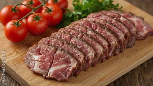 Sliced Meat, Tomatoes, and Herbs on a Wooden Cutting Board in a Kitchen