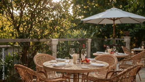 Outdoor Restaurant Setting With Tables and Chairs Near Greenery During Sunny ...