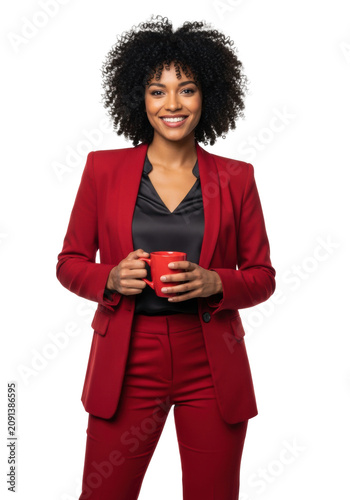 Smiling young mixed-race businesswoman in a vibrant red pantsuit holds a mug against a white studio background. Concept of professional success
