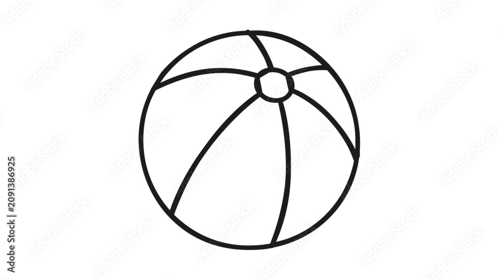 Fototapeta premium Hand drawn style beach ball vector icon in black outline, curved panel seams and small center circle, minimalist summer recreation symbol for ocean play, seaside travel, and beach fun