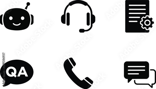 Customer Support Icons Set Featuring Chatbot Headset And Communication Symbols In Minimalist Style