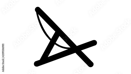 Minimal black line vector icon of a folding beach lounge chair, angled frame with curved fabric support, simple clean relaxation illustration isolated on white for summer travel graphics