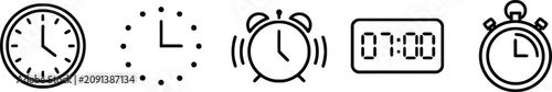 Collection of linear clock icons representing time management and scheduling in a minimalist style