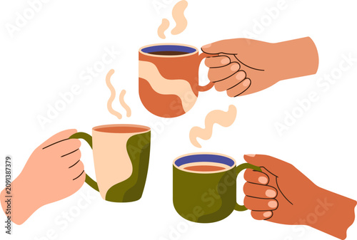 Three hands holding steaming coffee mugs, cheers concept, flat vector illustration