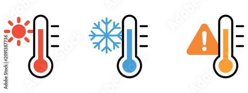 Foto Thermometer icons featuring hot sun, cold snowflake, and warning sign for heatwa