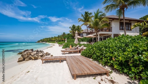 Beach Scene With Lounge Chairs and Palm Trees Along the Shore at a Tropical L...
